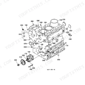 Kubota L2350DT exploded view diagram of the engine crankcase assembly with numbered component parts.