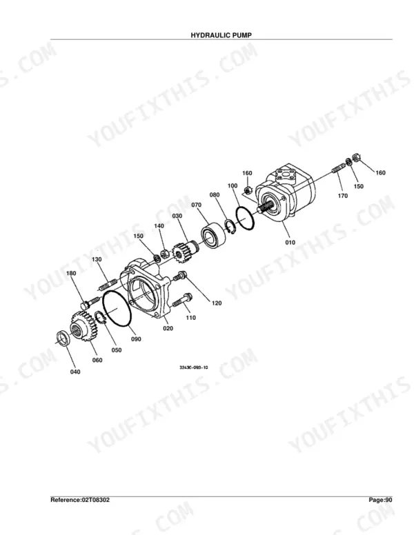 Kubota L2350DT hydraulic pump exploded view diagram showing pump housing, gears, bearings, and seals with numbered parts.