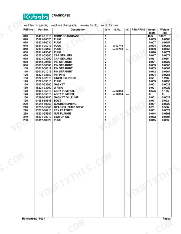 Kubota L2350DT crankcase parts list table showing reference numbers, part numbers, descriptions, and component weights.