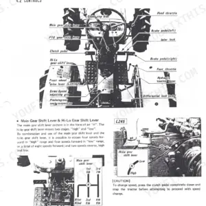 Kubota L245, L245DT tractor controls diagram showing gear shift levers, pedals, and throttle operation instructions.