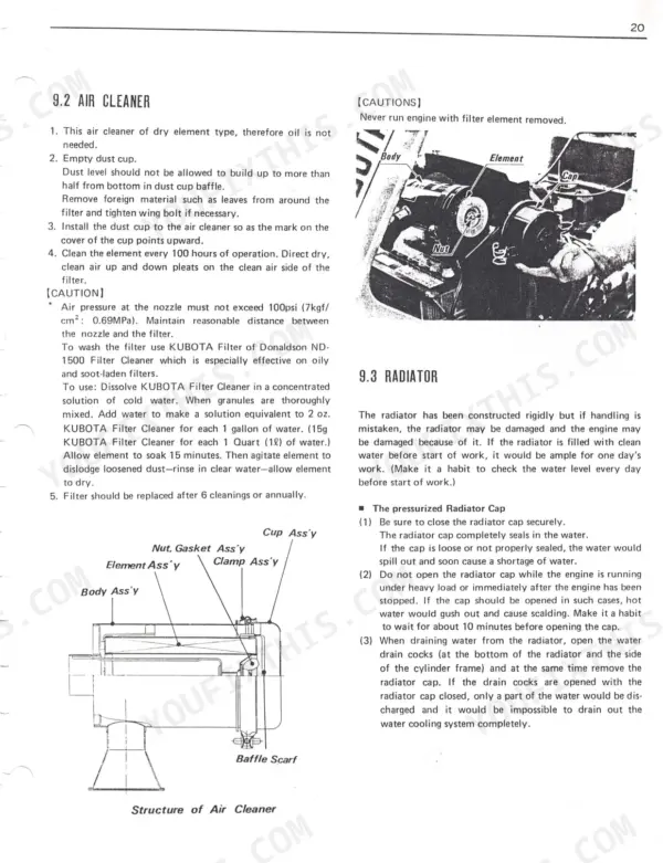 Kubota L245, L245DT air cleaner maintenance procedures, cleaning instructions, and radiator cap safety operations.