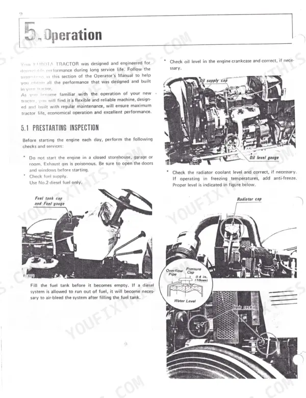 Kubota L245, L245DT operator manual page showing prestarting inspection, oil level, fuel tank, and radiator coolant checks.