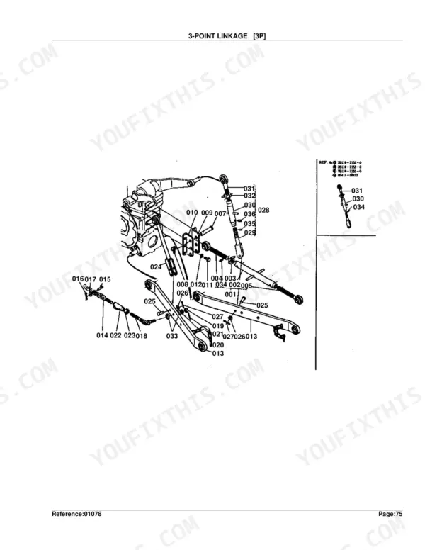 Kubota L245DT exploded view diagram of the 3-point linkage system components with numbered reference parts.