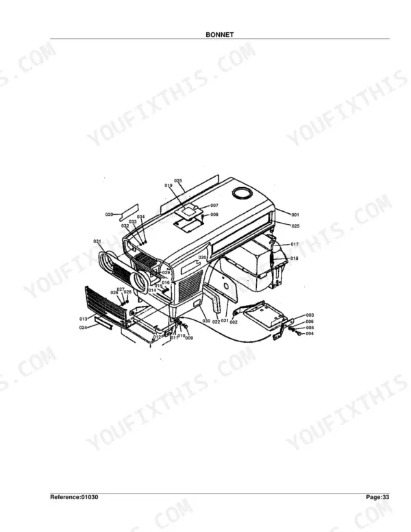 Kubota L245DT exploded view diagram of the bonnet, hood assembly, and front grille components with numbered parts.