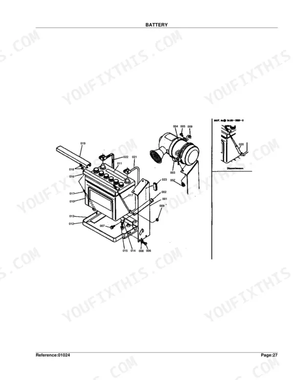 Kubota L245DT exploded view diagram of battery assembly, tray, and air cleaner mounting components.