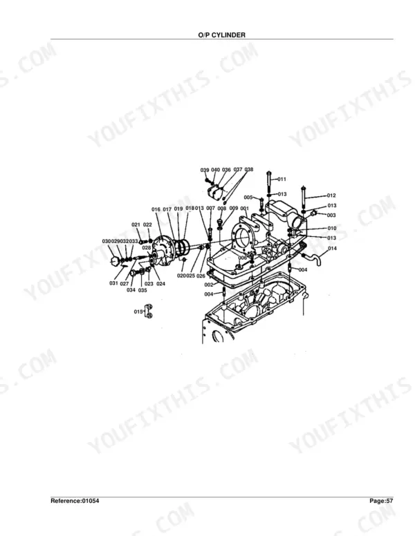 Kubota L245DT exploded view diagram of the O/P cylinder assembly with numbered component parts.