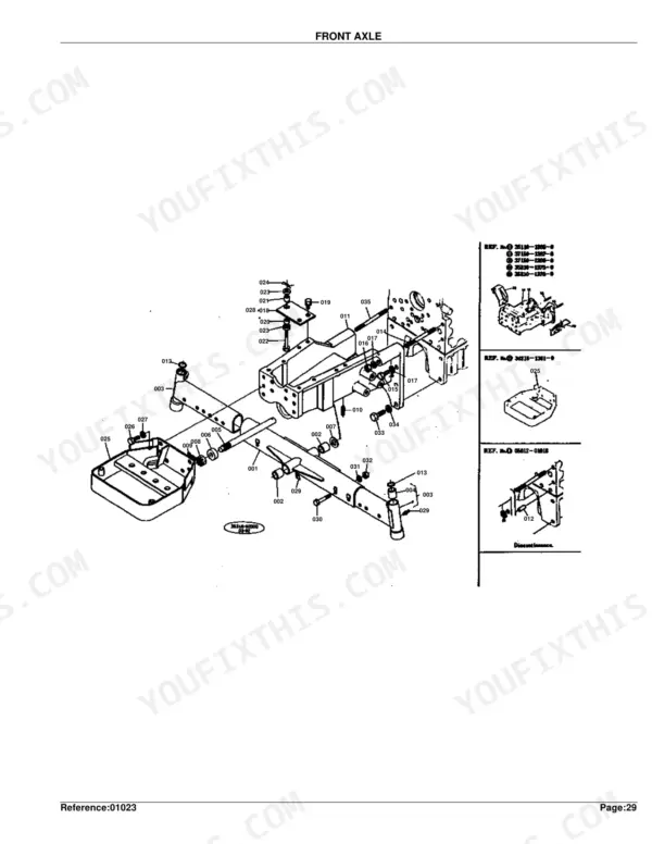 Kubota L245F exploded view diagram of front axle assembly, including frame, pivot, and mounting components.