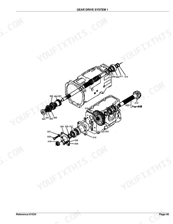 Kubota L245F gear drive system 1 exploded view showing transmission housing, shafts, gears, and bearing components.
