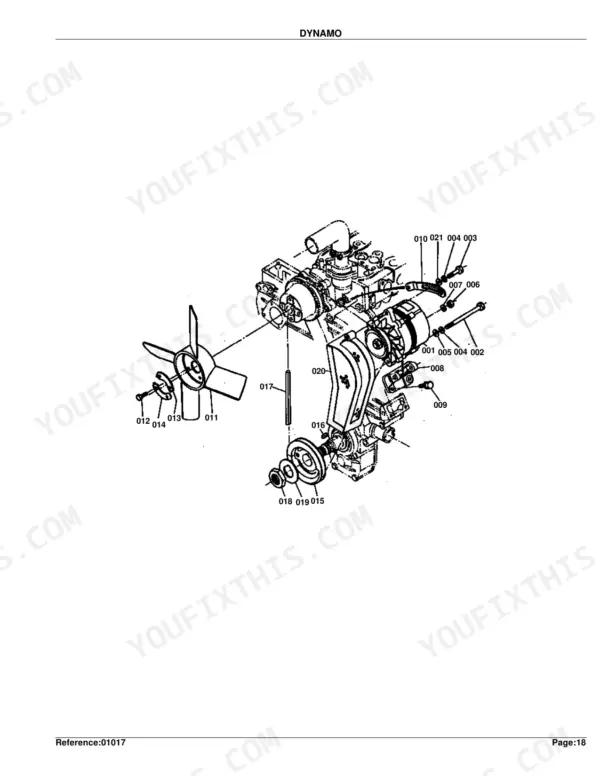 Kubota L245F exploded view diagram of the dynamo, cooling fan, and drive belt assembly components.