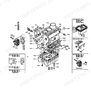Kubota L245F exploded view diagram of the engine crankcase assembly, oil pan, and related mounting hardware components.