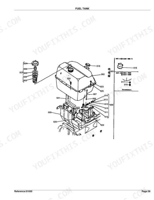 Kubota L245F exploded view diagram of the fuel tank assembly, including cap, mounting hardware, and fuel lines.