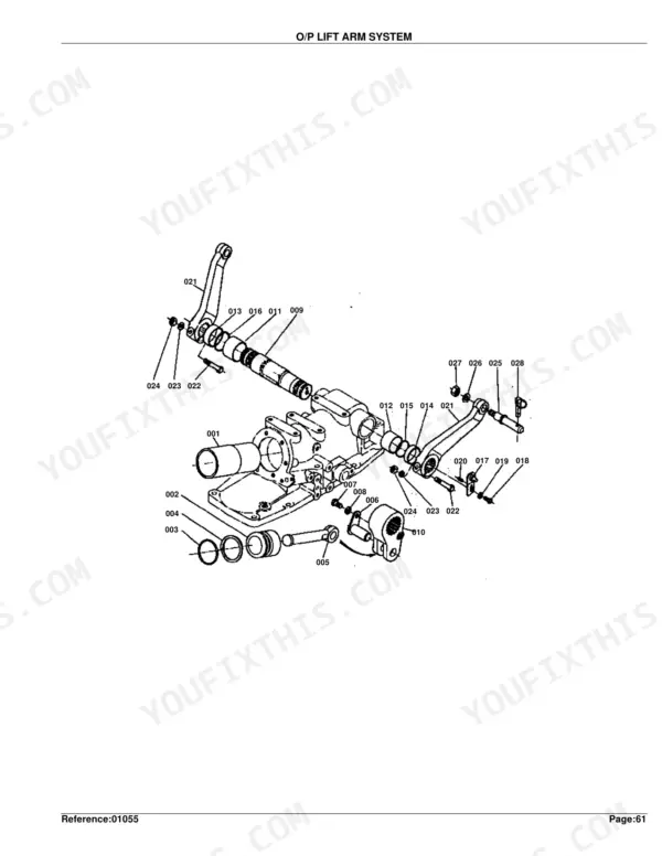 Kubota L245F exploded view diagram of the O/P lift arm system showing hydraulic cylinder, piston, and linkage parts.