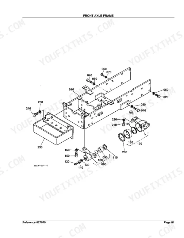 Kubota L2500DT exploded view diagram of the front axle frame, including mounting brackets, bushings, and hardware components.