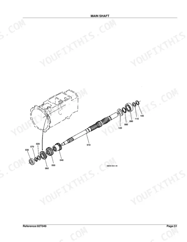 Kubota L2500DT exploded view diagram of the transmission main shaft assembly with numbered components.