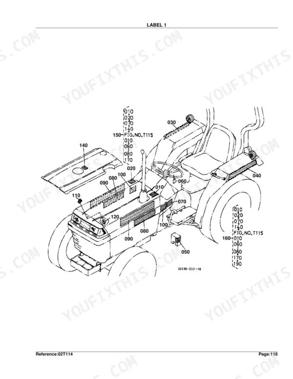 Kubota L2500DT exploded view diagram showing placement of safety and instructional labels on the tractor hood and fenders.