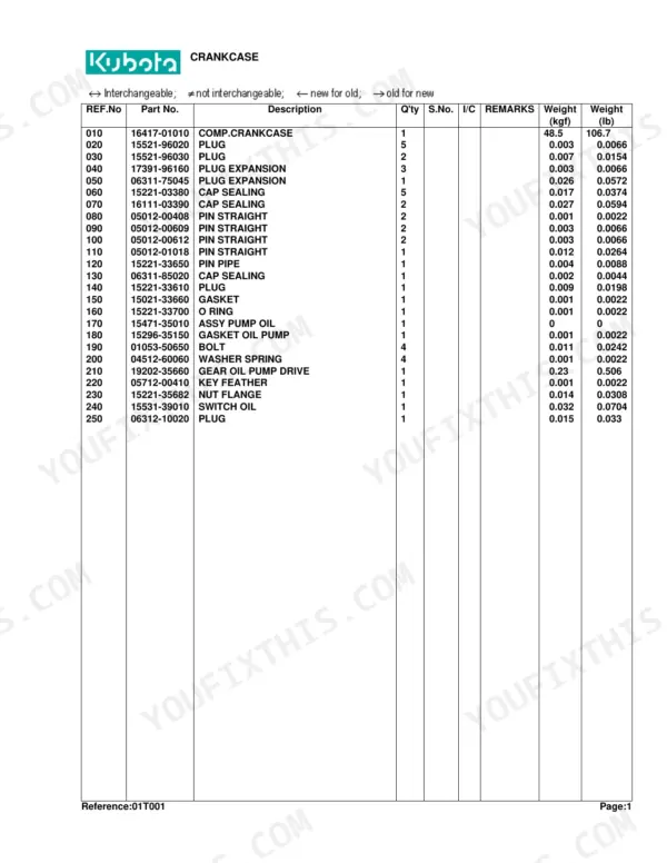 Kubota L2500DT crankcase parts list table with reference numbers, part numbers, descriptions, quantities, and weights.