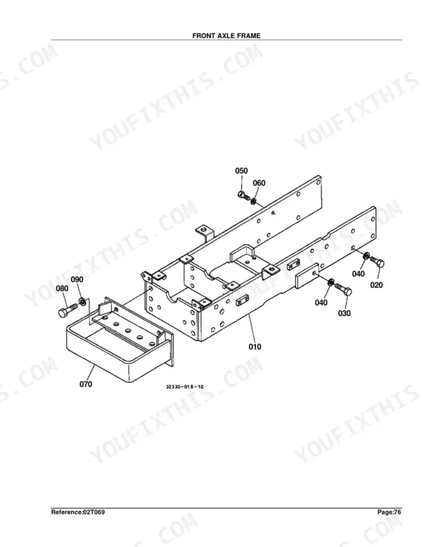 Kubota L2500F exploded view diagram of the front axle frame assembly, showing frame, bracket, and mounting hardware.