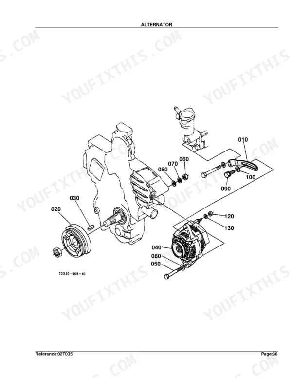 Kubota L2500F exploded view diagram of the alternator assembly, including pulley, mounting bracket, and hardware.