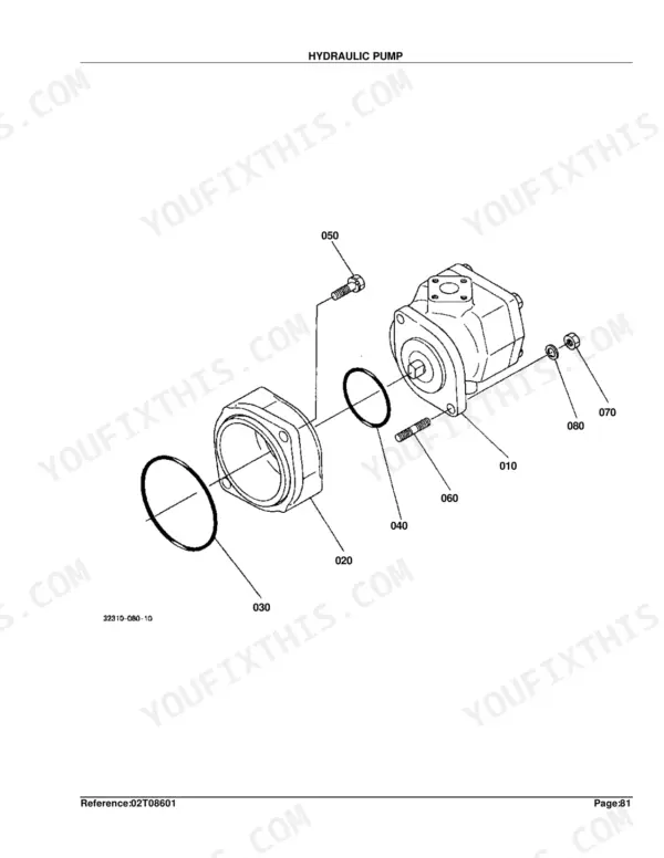 Kubota L2500F hydraulic pump exploded view showing pump housing, O-rings, studs, bolts, and mounting hardware.