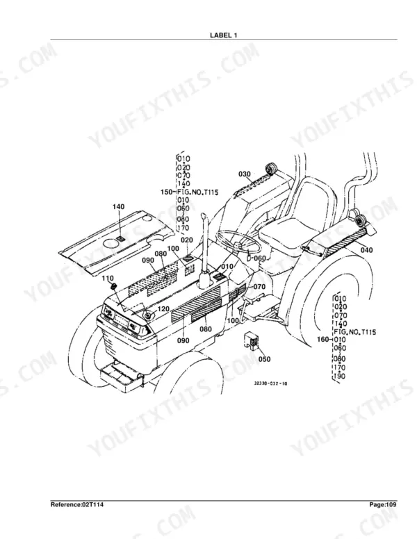 Kubota L2500F exploded view diagram showing tractor body decal and safety label placement locations.