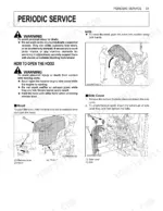 kubota-l2501-tractor-operator-manual-tc550-1971-1-exploded-view-69.webp Kubota L2501 periodic service manual page showing procedures for opening the tractor hood and removing the side cover.