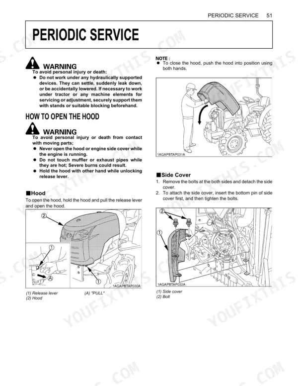 Kubota L2501 periodic service manual page showing procedures for opening the tractor hood and removing the side cover.