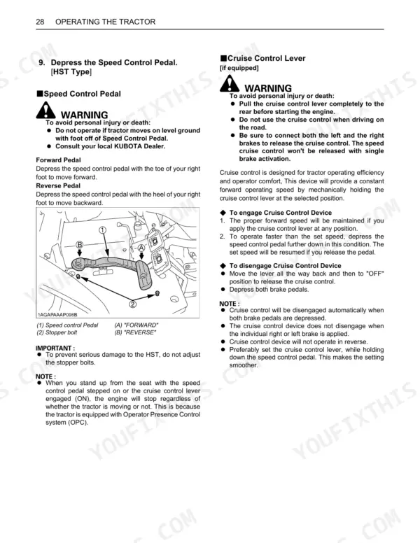 Kubota L2501 operating instructions for HST speed control pedal and cruise control lever with safety warnings.