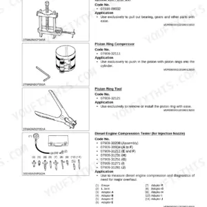 Kubota L2501 engine special tools list including puller, piston ring compressor, ring tool, and compression tester.