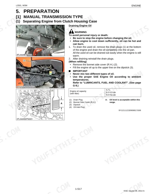 Kubota L2501 engine oil draining and refilling procedure, including drain plug, dipstick, and oil capacity table.