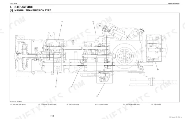 Kubota L2501 manual transmission structure diagram showing gear shift, PTO, 4WD, and 2WD sections.