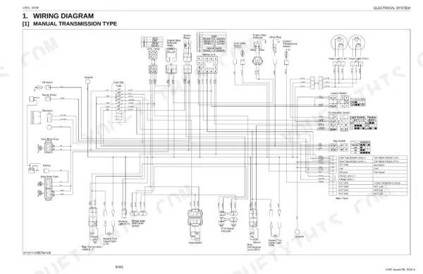 Kubota L2501 manual transmission electrical system wiring diagram showing fuse box, switches, and lighting circuits.