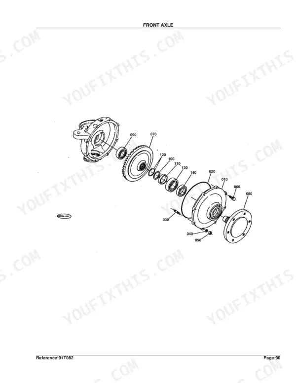 Kubota L2550DT front axle exploded view diagram showing gear, bearings, and housing assembly components.