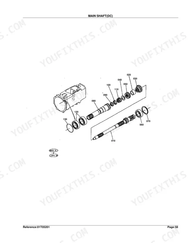 Kubota L2550DT exploded view diagram of the transmission main shaft assembly with numbered components.