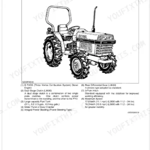 Kubota L2600, L3000 tractor features overview including engine, clutch, fuel tank, steering, and hitch specifications.