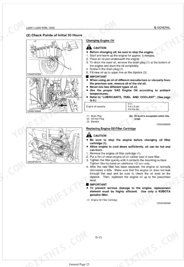 Kubota L2600, L3000 manual page showing procedures for changing engine oil and replacing the oil filter cartridge.