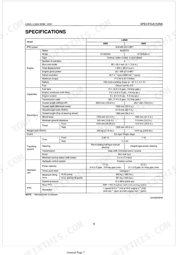 Kubota L2600, L3000 technical specifications table including engine, dimensions, hydraulic, and weight data.