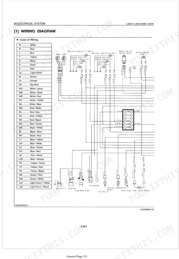 Kubota L2600, L3000 electrical system wiring diagram with wire color code table and component connections.