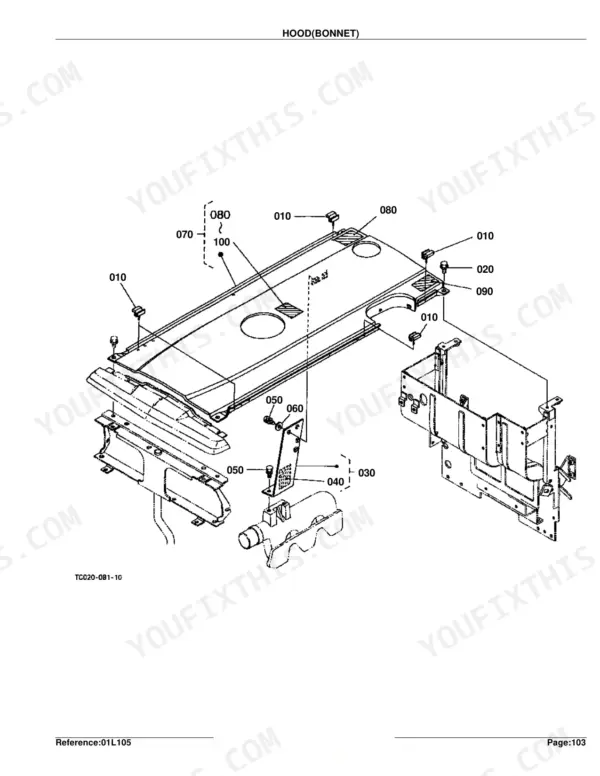 Kubota L2600DT exploded view diagram of the hood and bonnet assembly components with reference numbers.