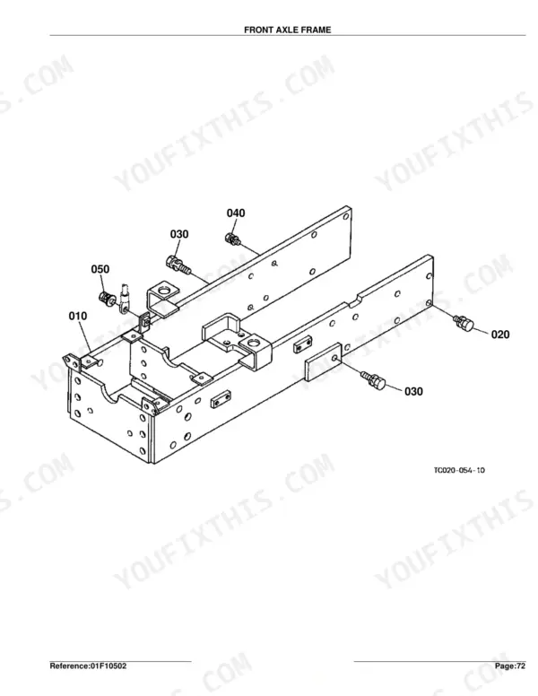 Kubota L2600DT exploded view diagram of the front axle frame assembly with numbered hardware components.