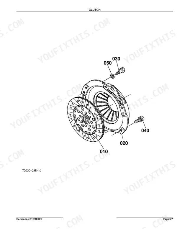 Kubota L2600DT exploded view diagram of the clutch assembly showing the clutch disc, pressure plate, and mounting bolts.