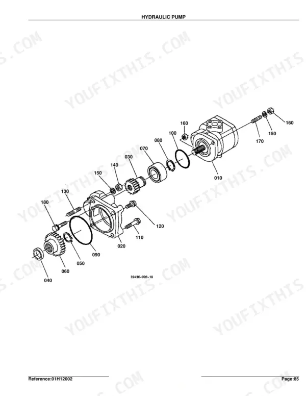 Kubota L2600DT hydraulic pump exploded view diagram showing gears, bearings, seals, and housing assembly components.