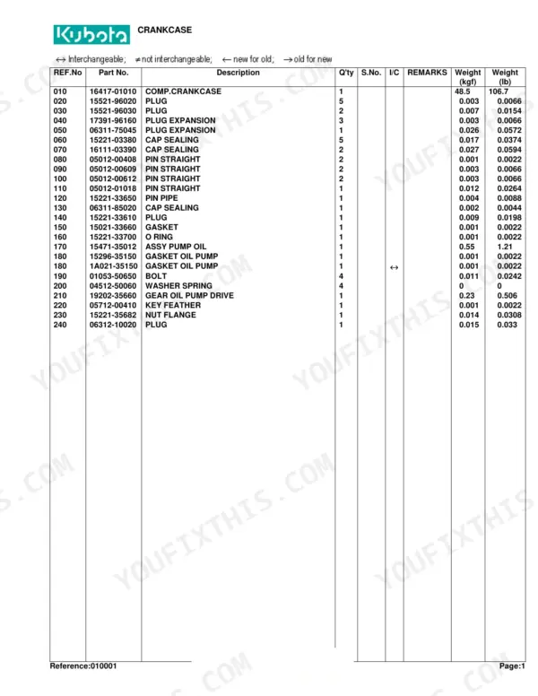 Kubota L2600DT crankcase parts list table with reference numbers, part numbers, and component descriptions.