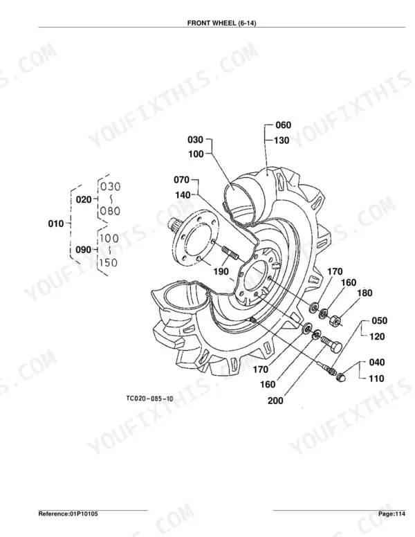 Kubota L2600DT exploded view diagram of the front wheel assembly showing hub, rim, tire, and mounting hardware components.