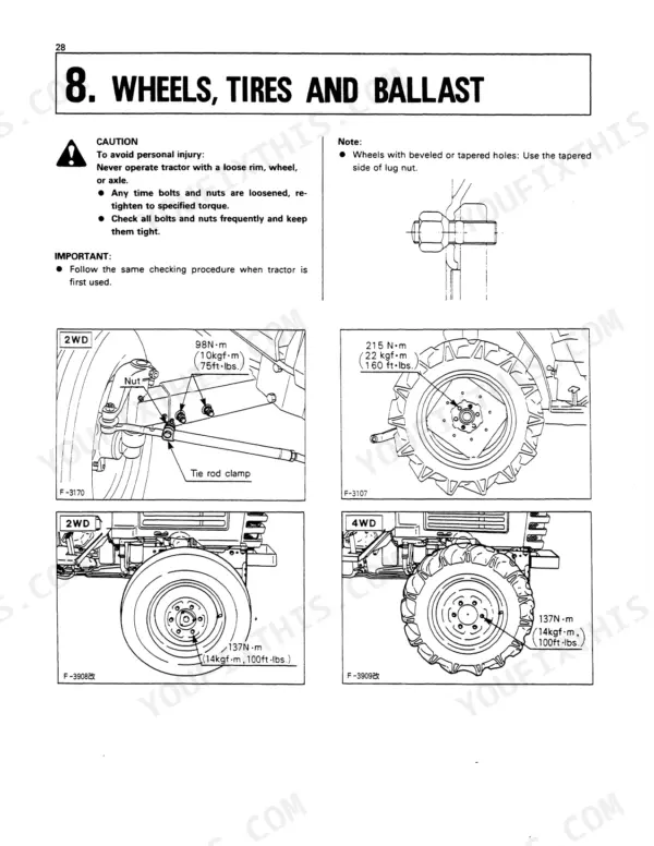 Kubota L2650, L2950, L3450, L3650 wheel, tire, and ballast torque specifications and diagrams for 2WD and 4WD models.