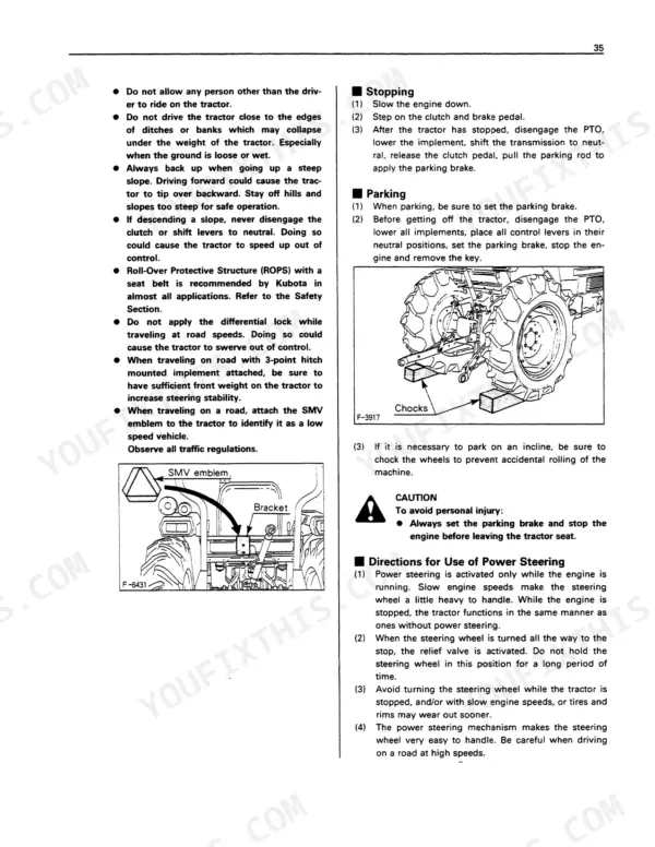 Kubota L2650, L2950, L3450, L3650 operator manual page showing tractor safety, parking, and power steering procedures.
