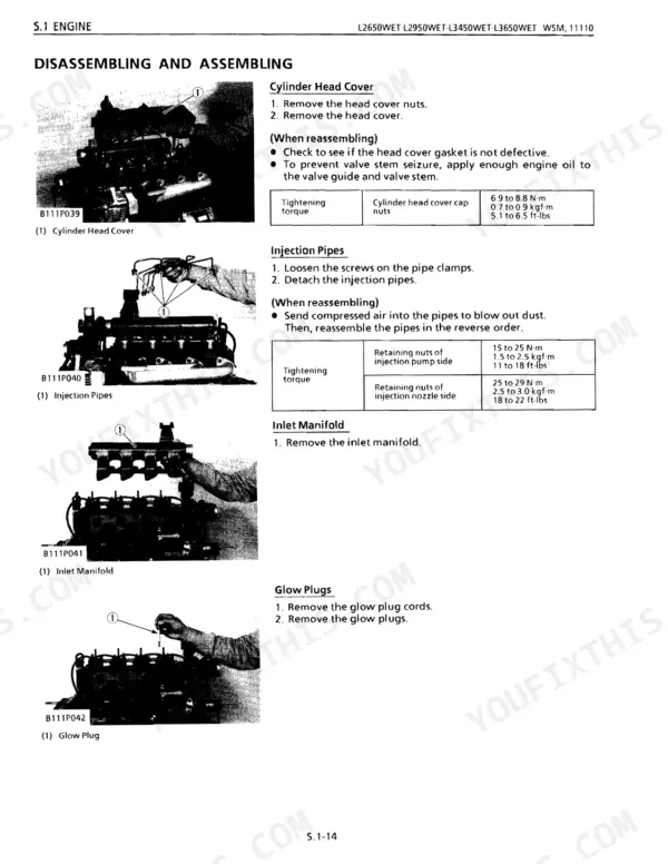 Kubota L2650WET, L2950WET, L3450WET, L3650WET, L3650GST engine disassembly steps for head cover, injection pipes, manifold, glow plugs.