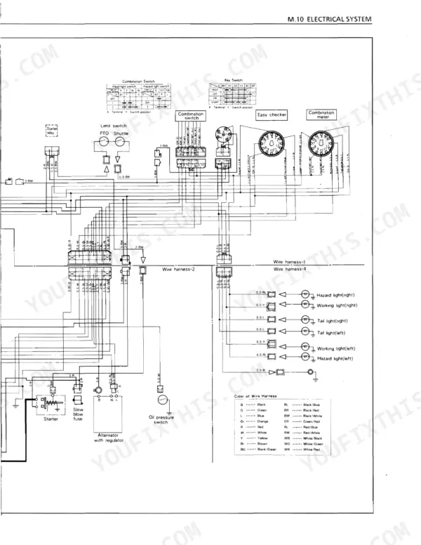 Kubota L2650WET, L2950WET, L3450WET, L3650WET, L3650GST electrical system wiring diagram showing switches, lights, and harness.