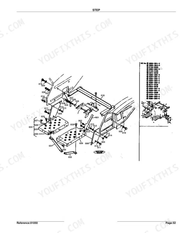 Kubota L275 exploded view diagram of tractor foot steps, floor plates, and mounting hardware components.