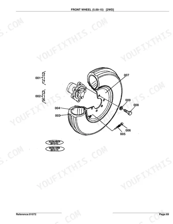 Kubota L275 exploded view diagram of 2WD front wheel assembly, including tire, rim, hub, and mounting hardware.
