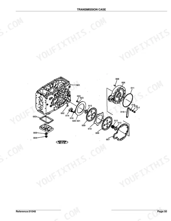 Kubota L275 transmission case exploded view diagram showing housing, gears, plates, and linkage components.